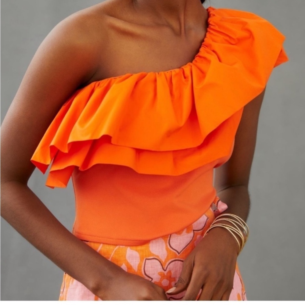 One-Shoulder Ruffle Crop Top - Orange